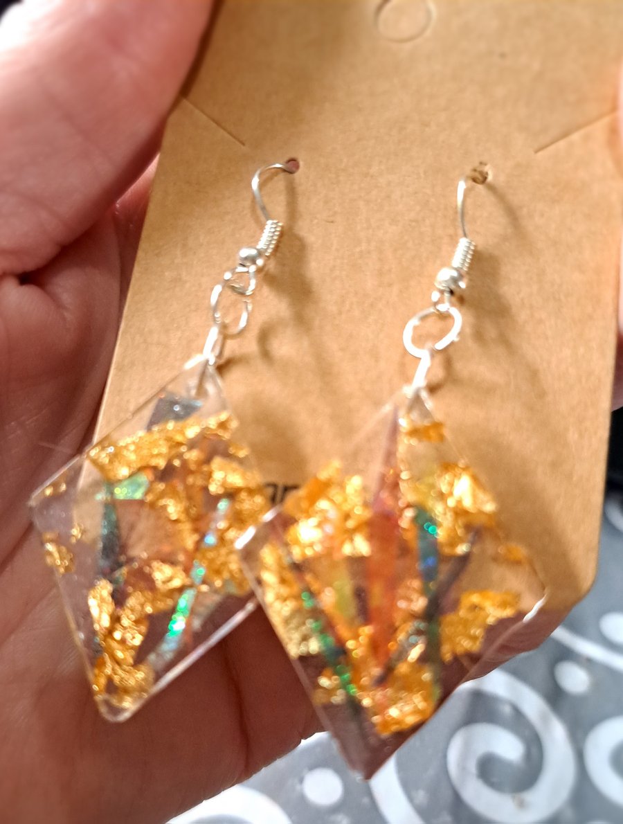 Sparkly diamond shaped resin and rainbow dichroic film and gold leaf earrings