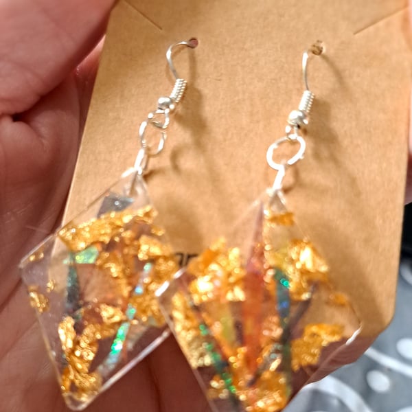 Sparkly diamond shaped resin and rainbow dichroic film and gold leaf earrings