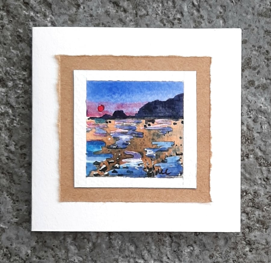Miniature Handpainted Card. Blank Inside. Beach And Sunset Notelet.