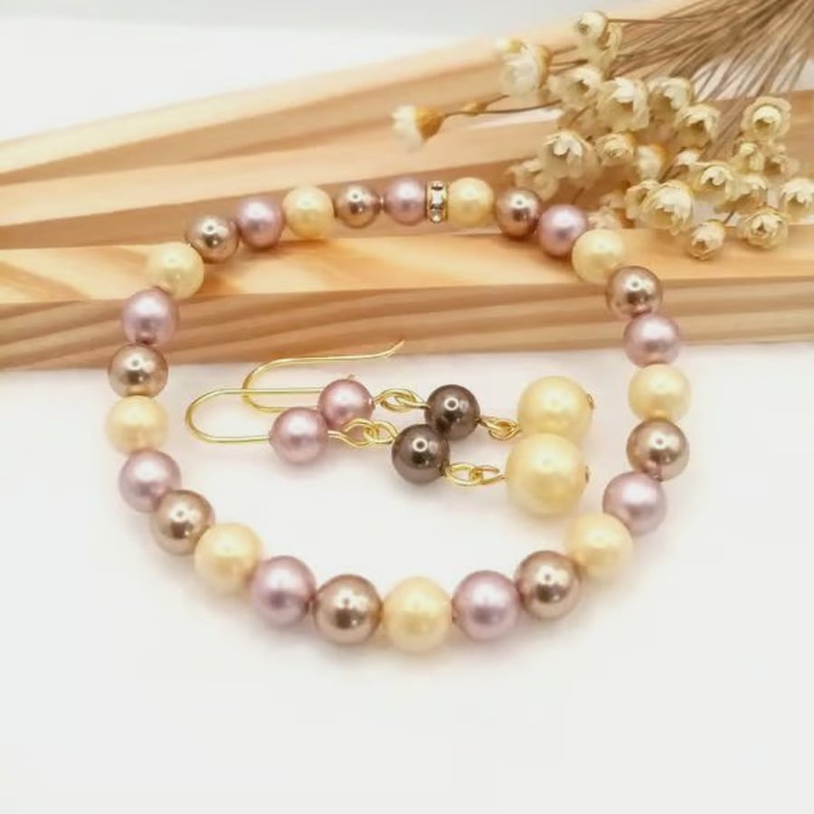 Earrings & Bracelet Set - Neapolitan Pastel Crystal Pearl Gift Set 