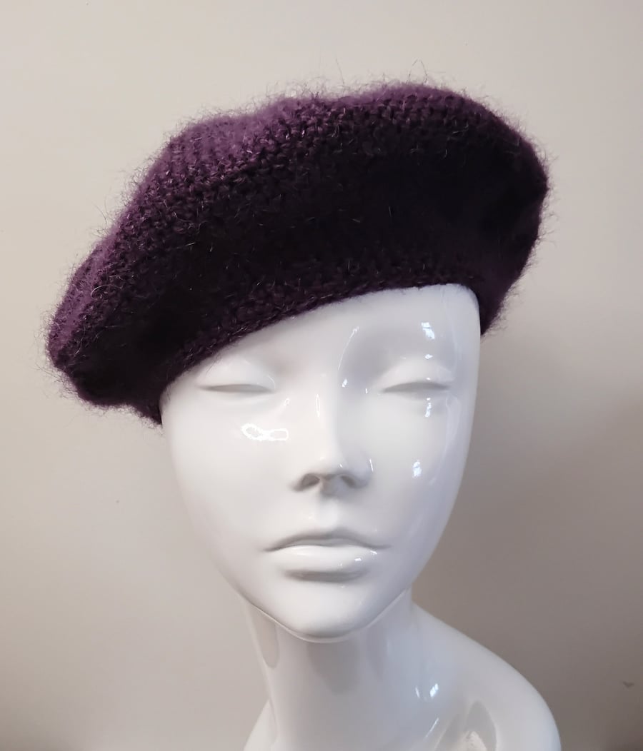 Crochet Wool and Mohair Beret in Heather Purple with Pink Striped Lining