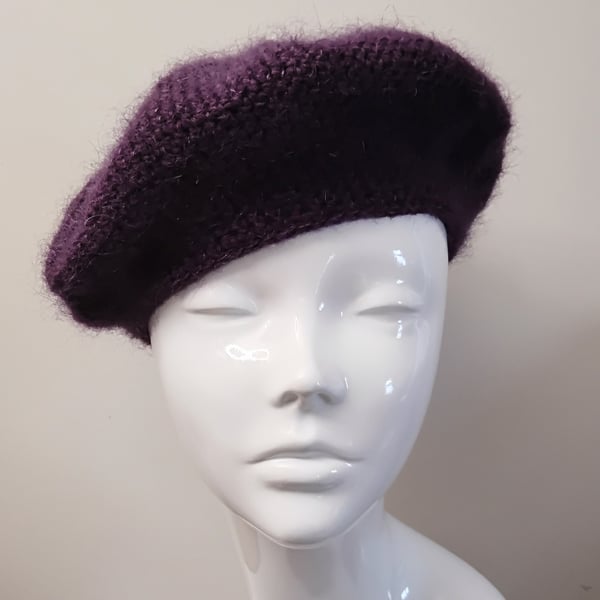 Crochet Wool and Mohair Beret in Heather Purple with Pink Striped Lining