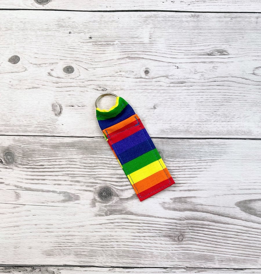 Rainbow striped themed fun lip balm polycotton fabric keyring, keychain.