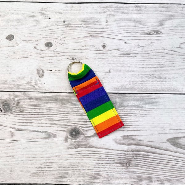 Rainbow striped themed fun lip balm polycotton fabric keyring, keychain.