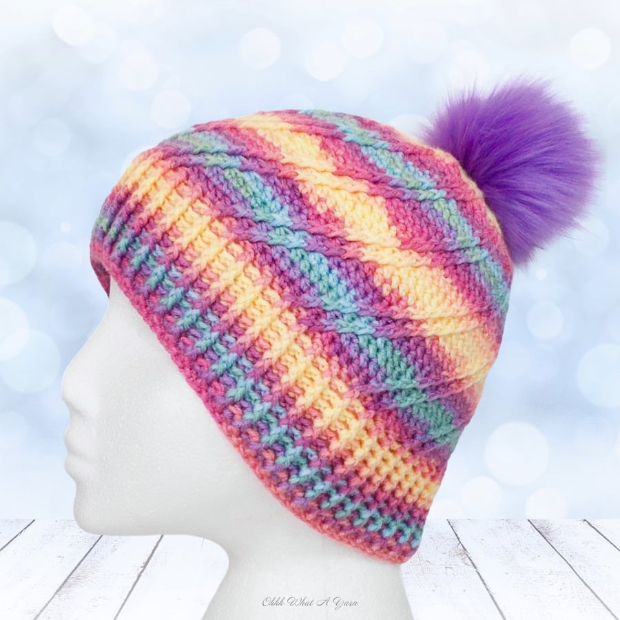 Crochet hat, beanie. Pastel rainbow ladies swirl pom pom hat. Ladies hat.