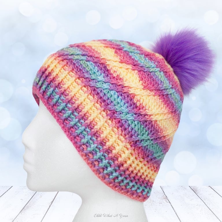 Crochet hat, beanie. Pastel rainbow ladies swirl pom pom hat. Ladies hat.