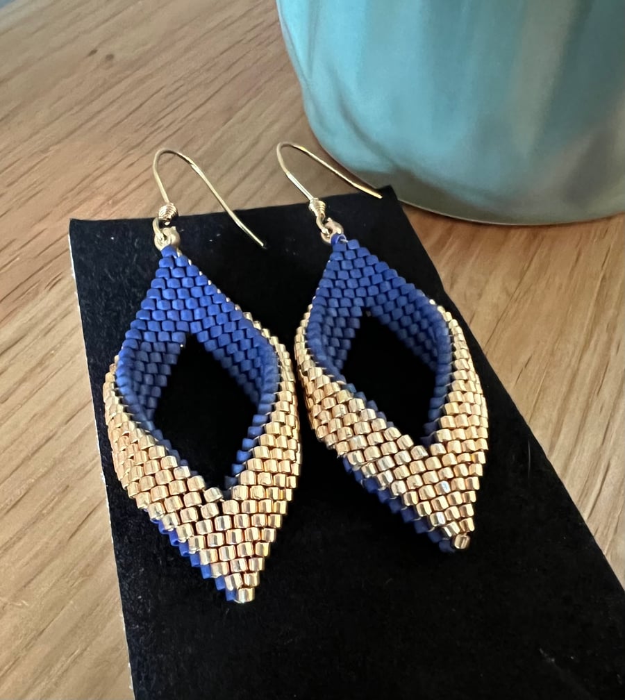 Peyote Drop Earrings - Navy Gold 