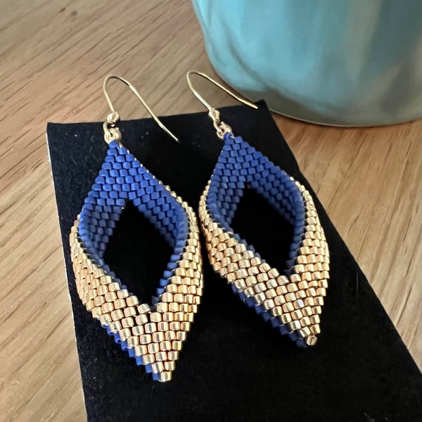 Peyote Drop Earrings - Navy Gold 