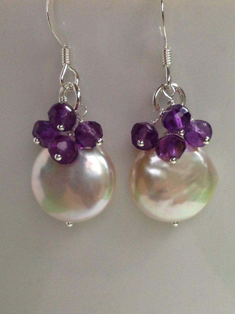 Amethyst and natural coin pearl sterling silver earrings