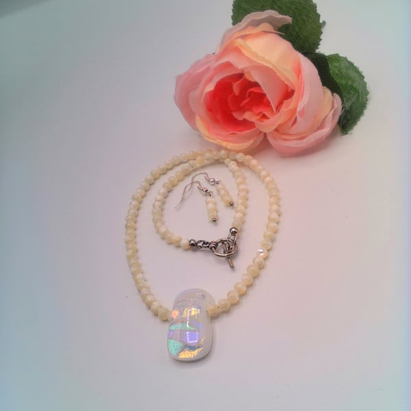 White Cats Eye Bead and an Iridescent Centre Necklace and Earrings, Gift for Her