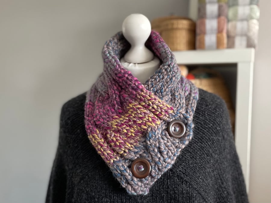 Hand Knitted Button up Scarf - Dark Multi