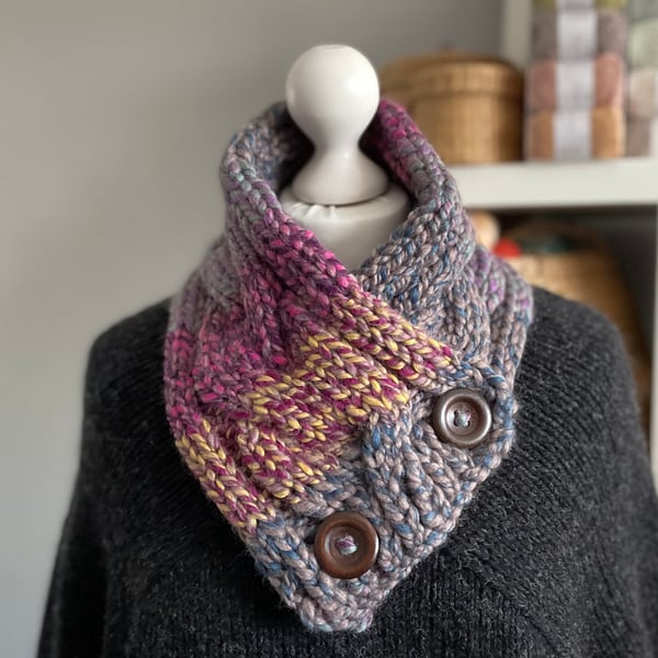 Hand Knitted Button up Scarf - Dark Multi