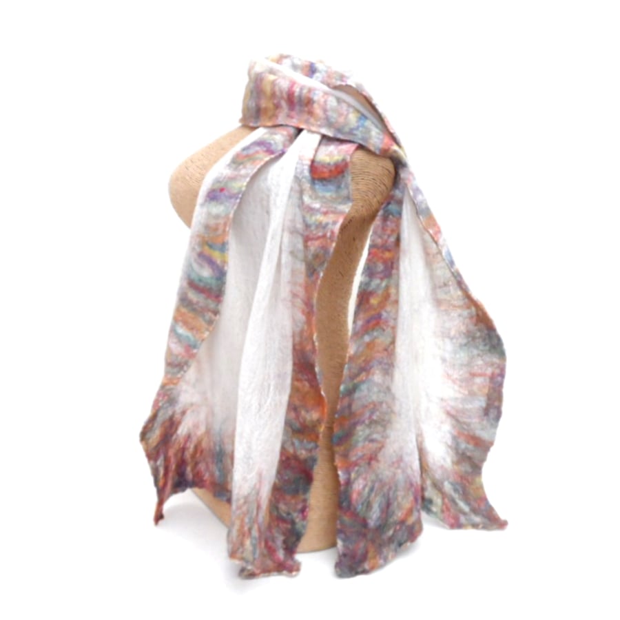 White nuno felted silk scarf with rainbow border