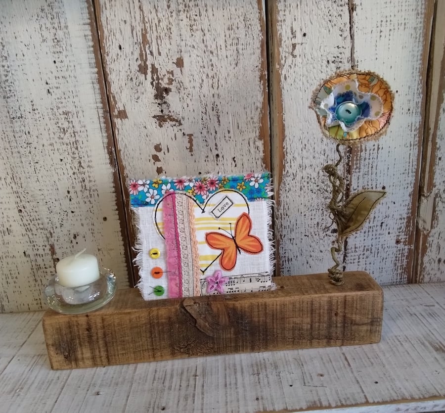 Reclaimed Wood Display, Fabric Heart, Wire Flower, Tea Light Holder