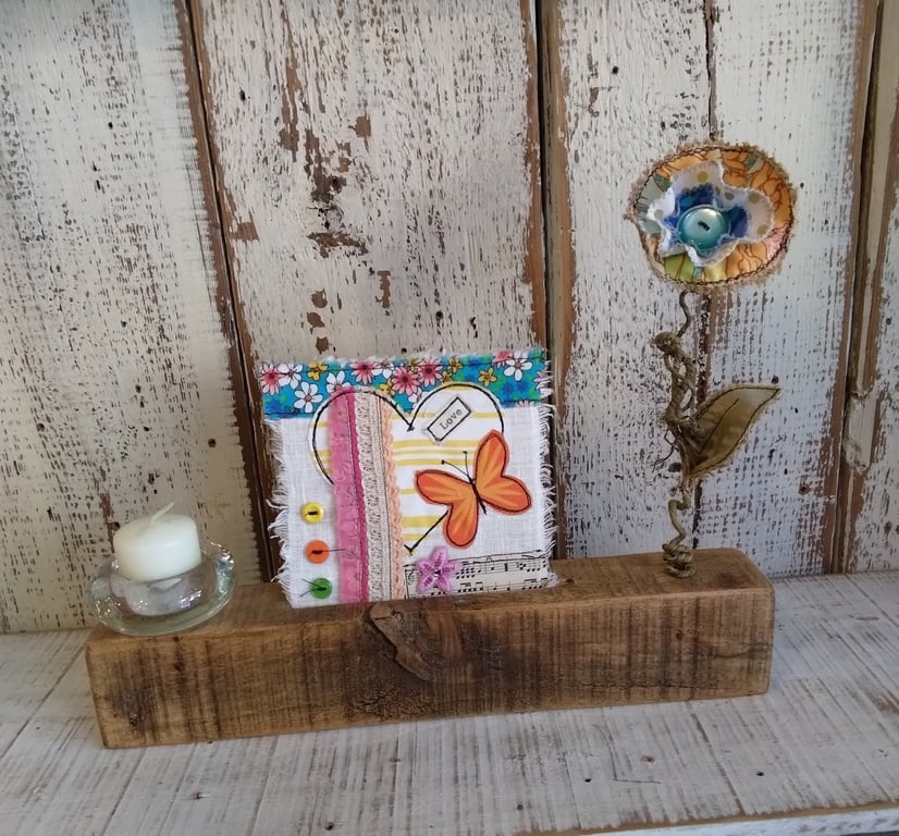 Reclaimed Wood Display, Fabric Heart, Wire Flower, Tea Light Holder