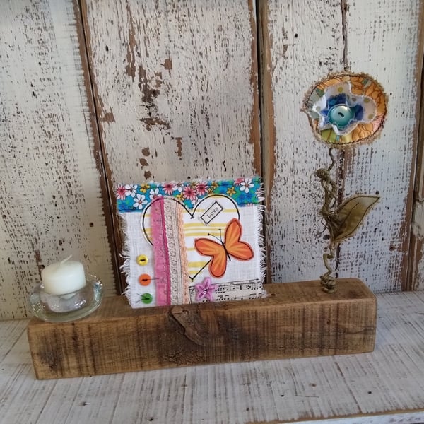 Reclaimed Wood Display, Fabric Heart, Wire Flower, Tea Light Holder