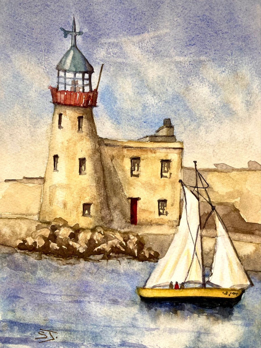 Howth Lighthouse with sailing boat original fine art 