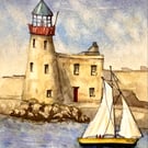 Howth Lighthouse with sailing boat original fine art 