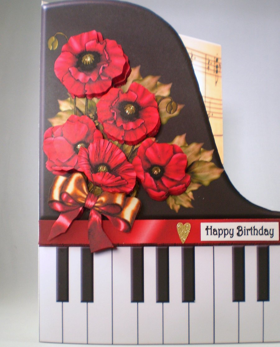 Handmade Decoupage 3D Piano and Poppies Birthday Card.Personalise