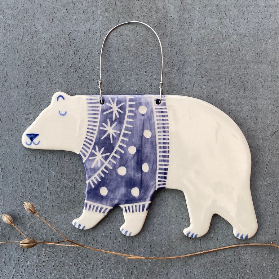Ceramic Polar Bear with lilac  jumper  Decoration