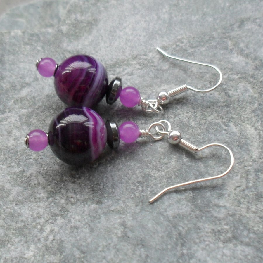 Purple Agate and Quartzite  Drop Earrings Silver Plate
