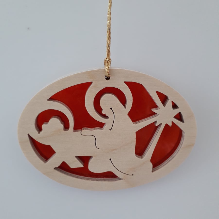 Christmas Tree Decoration or Sun Catcher in Wood and Acrylic (Mary & Crib)