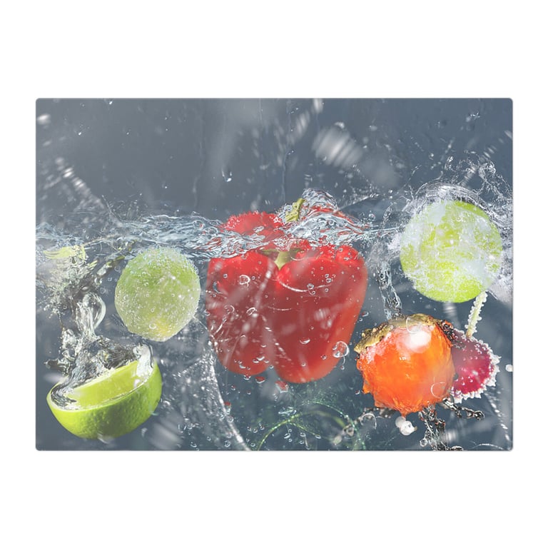 Centre Pepper & Mixed Fruits In Transparent Water Bubbles glass chopping board