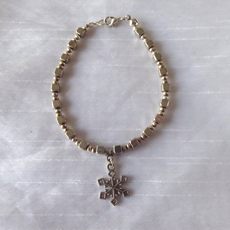 Metal Cube and Rondelle Beaded Bracelet with one Dangling Snowflake  