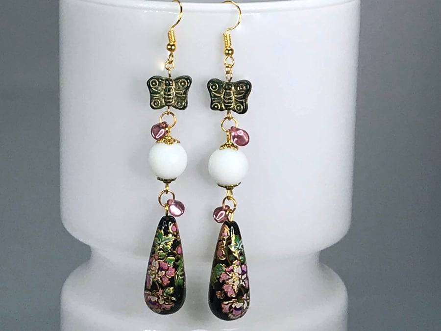 TENSHA BEAD EARRINGS Japanese butterfly pink milk glass Czech lovely drop dangle