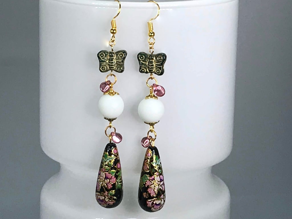 TENSHA BEAD EARRINGS Japanese butterfly pink milk glass Czech lovely drop dangle