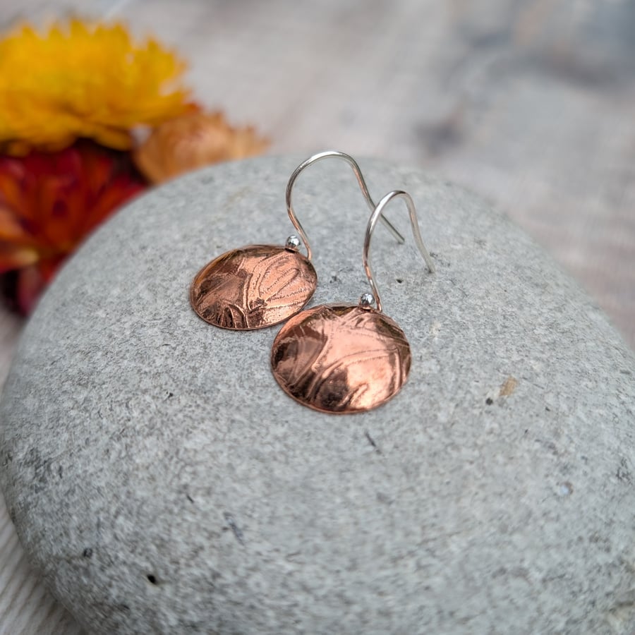 Copper Large Leaf Pattern Dome Disc Earrings - JBJ1089