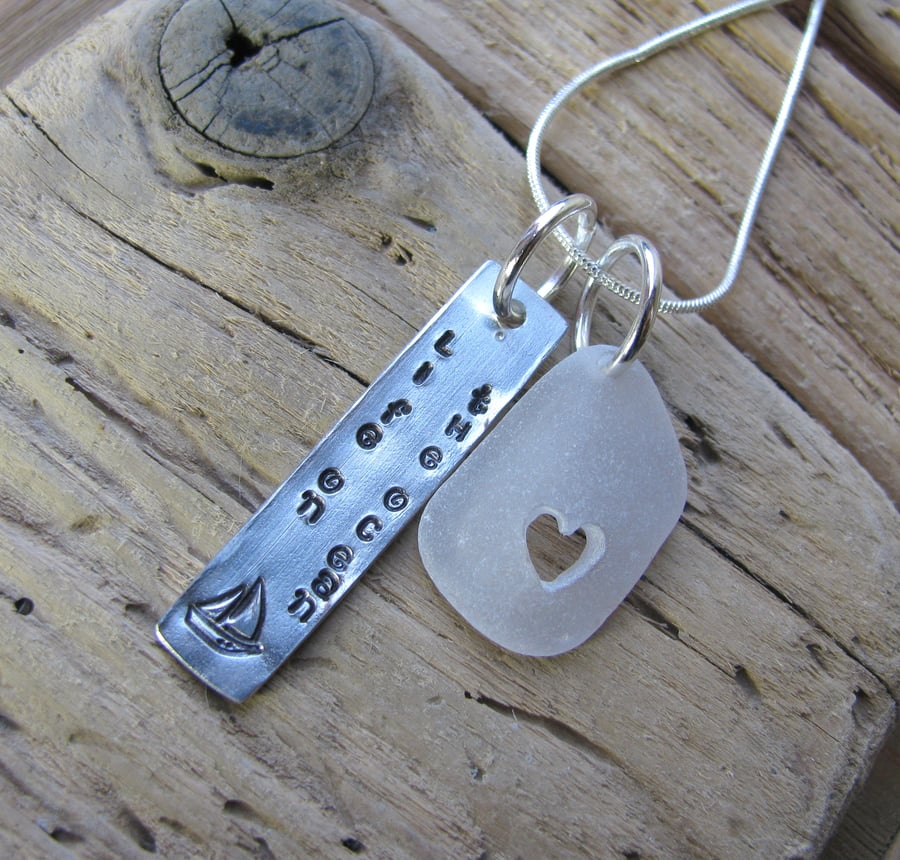 Sea glass heart and aluminium stamped pendant