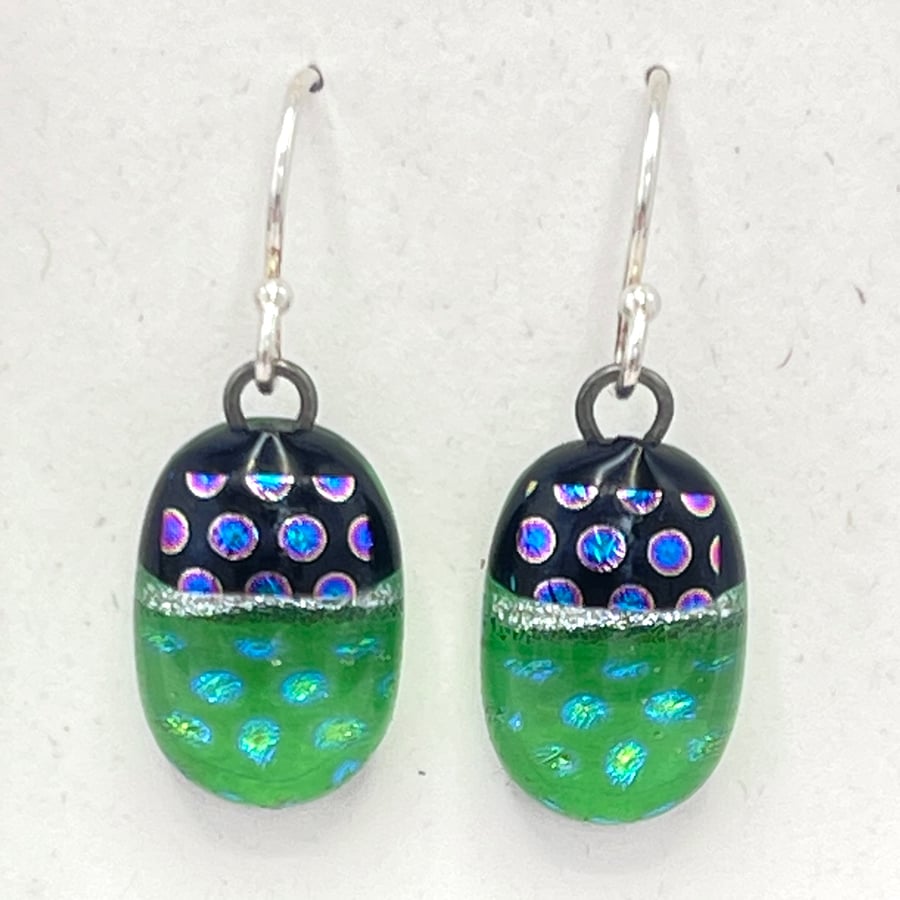 Light Green Spotty Fused Glass Drop Earrings