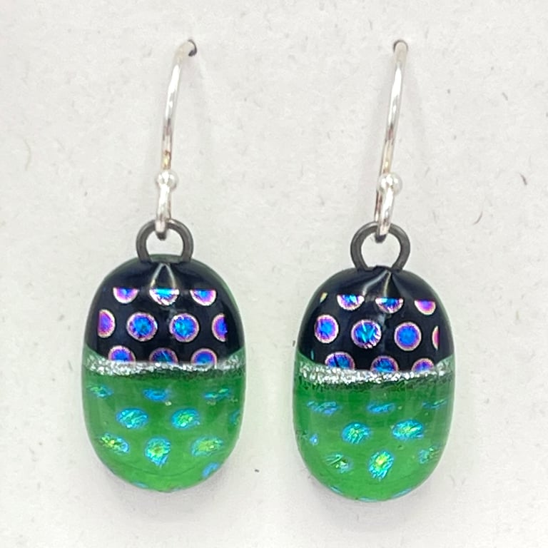Light Green Spotty Fused Glass Drop Earrings