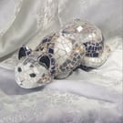 Mosaic-altered Elpa Alcobaca Portuguese ceramic reclining cat sculpture.