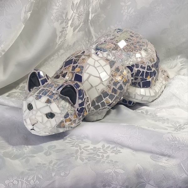 Mosaic-altered Elpa Alcobaca Portuguese ceramic reclining cat sculpture.
