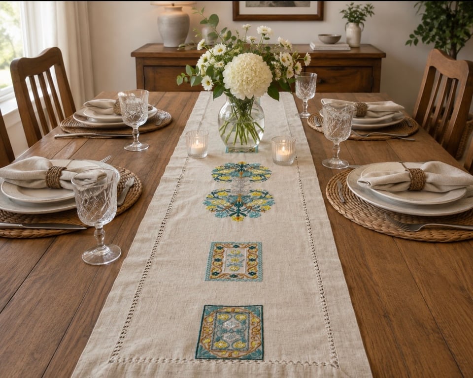 Elegant Embroidered Floral Table Runner – Vintage Style Table Décor