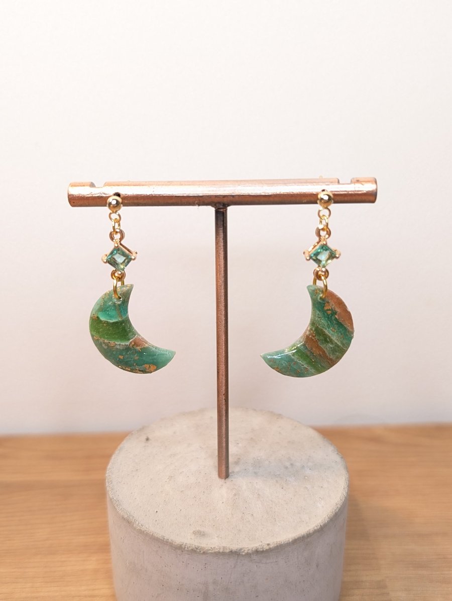 Green  agate polymer clay earrings-moon