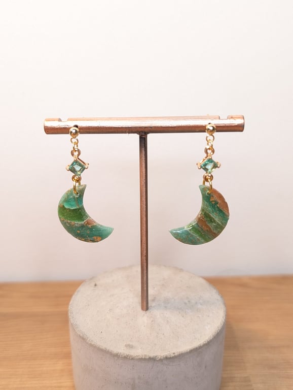 Green  agate polymer clay earrings-moon