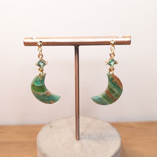 Green  agate polymer clay earrings-moon