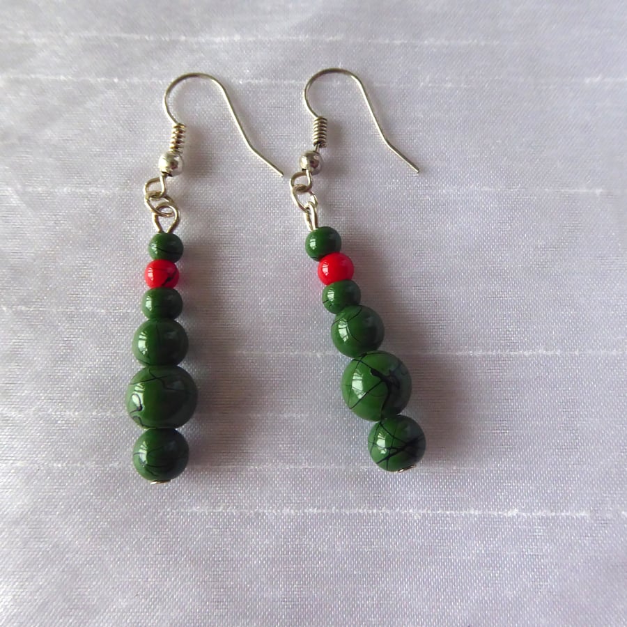 Beaded Green and Red Dangle Earrings inspired by Holly
