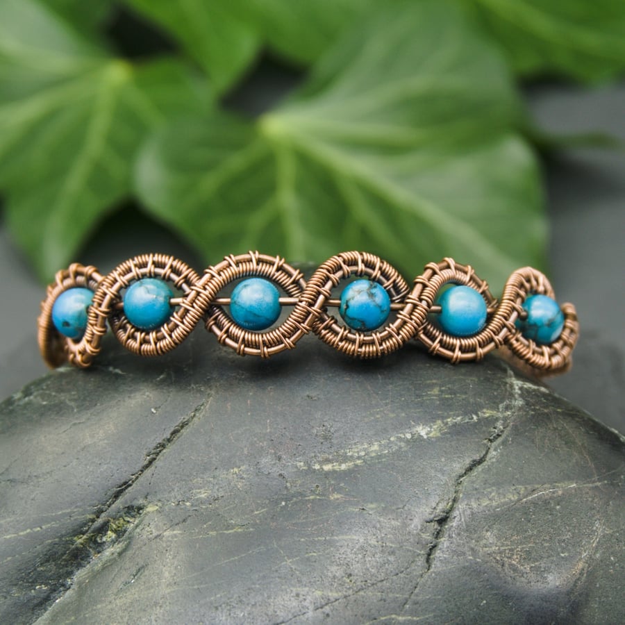 SALE - Copper Wire Woven Beaded Wave Bracelet with Turquoise Howlite 