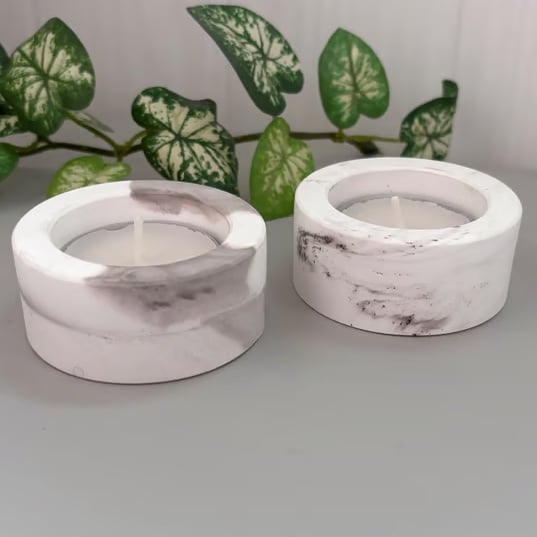 Taupe and White Patterned Tea light Holder - Marbled or Swirl Finish