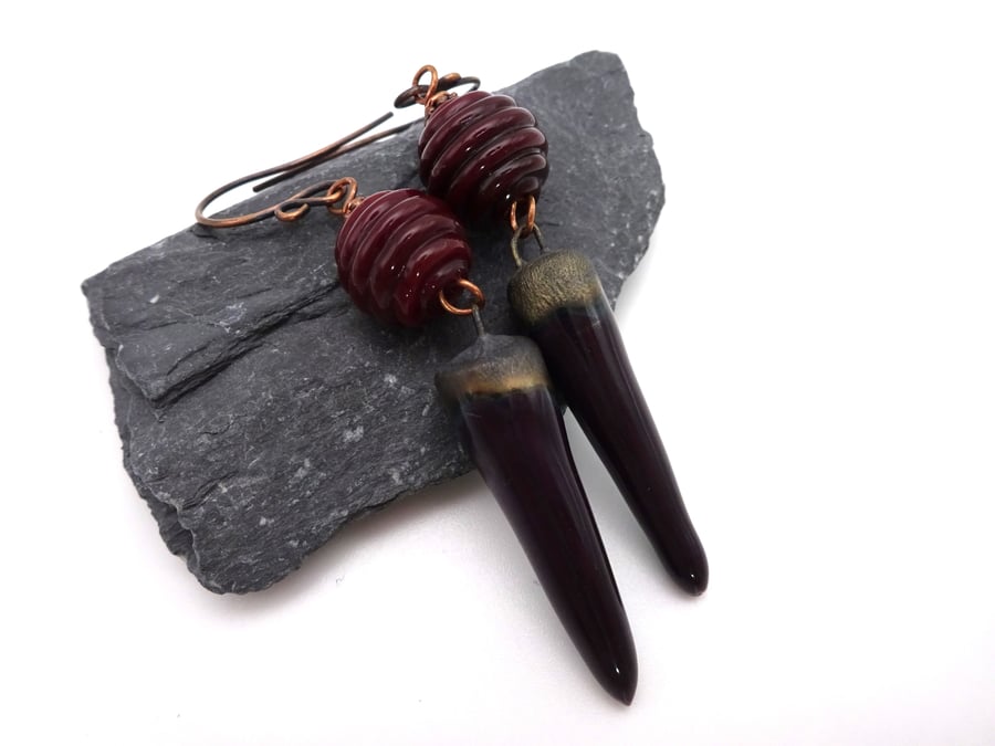 copper, dark red lampwork glass and ceramic earrings