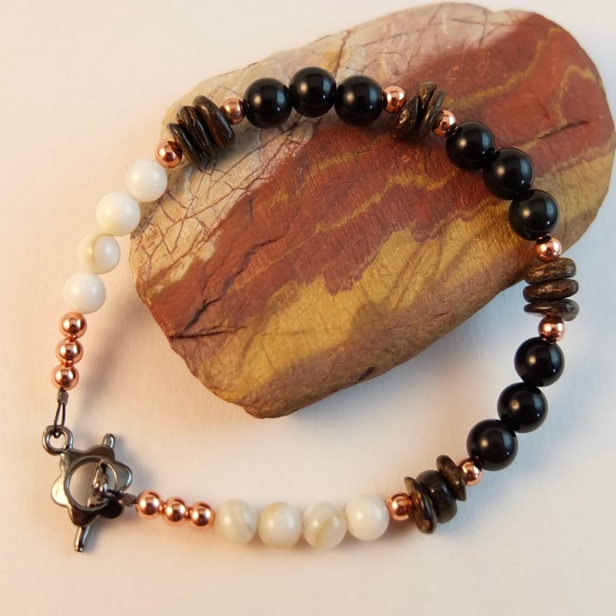 Rainbow Obsidian, Bronzite, Shell and Copper Bracelet - Seconds Sunday