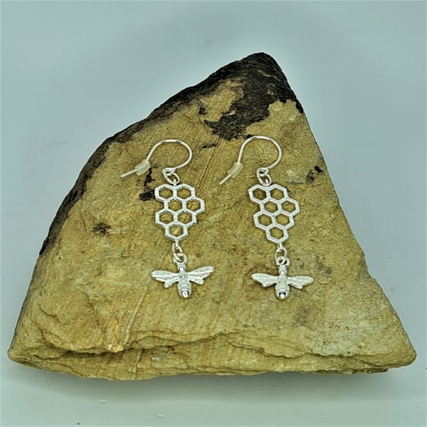 Sterling Silver Honeycomb Bee Dangle Earrings, Handmade