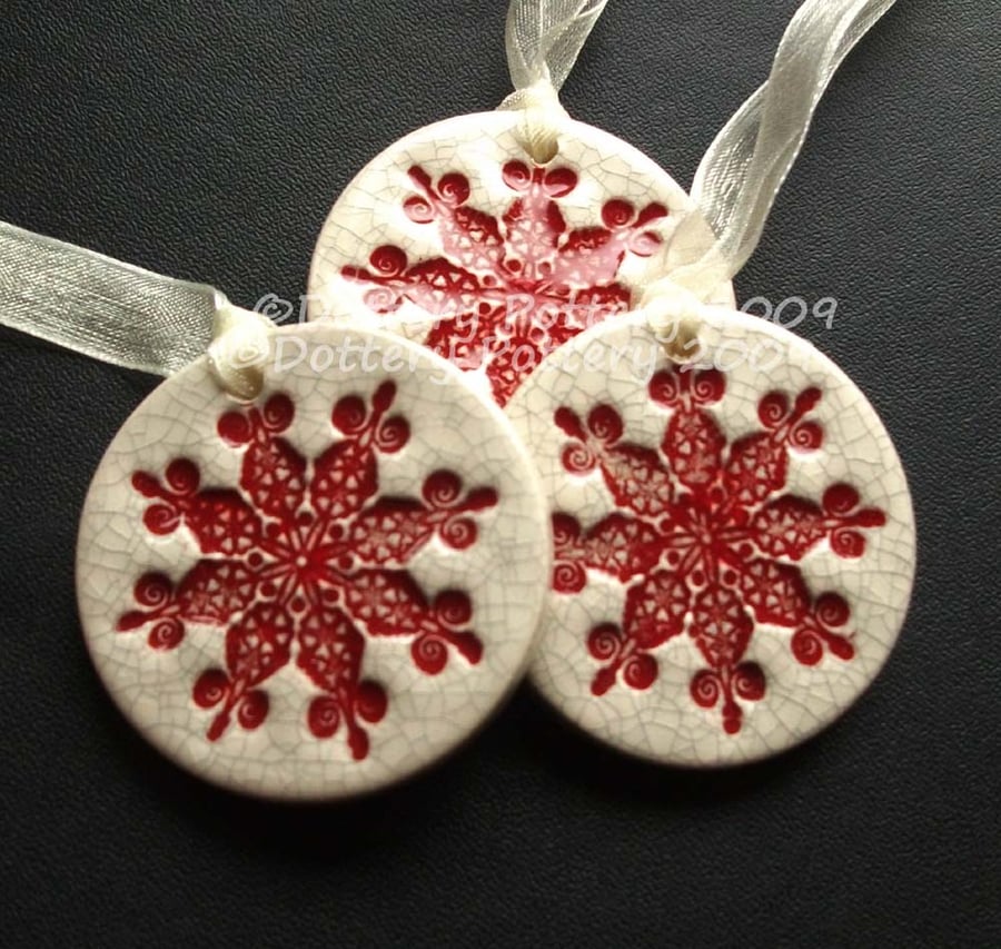 red crackle ceramic snowflake decorations