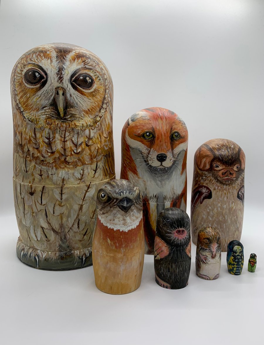 Nocturnal animals - tawny owl, fox, bat and friends nesting dolls.