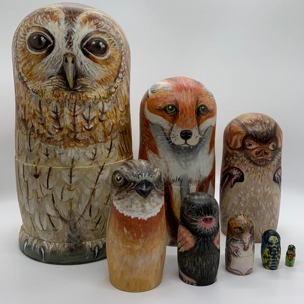 Creatures of the night - tawny owl and friends nesting dolls.
