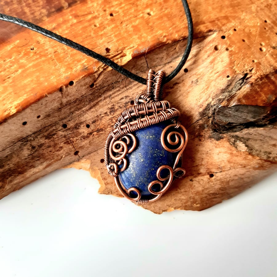 Lapis Lazuli and Copper Wire Wrapped Pendant Necklace